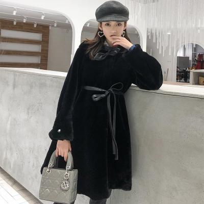 China OFTBUY 2021 Straight Coat Real Mink Fur Warm Outerwear Natural Streetwear O-Neck Bow Winter Jacket Women Belt Waterproof for sale