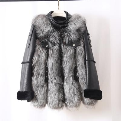 China OFTBUY 2021 Natural Real Leather Silver Fox Fur Winter Jacket Women Coat Dishonest Sheep Fur Merino Genuine Leather Warm Outerwear for sale