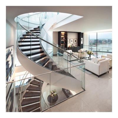 China Modern Economic Indoor Steel Stairs Curved Staircase Contemporary Interiors Wrought Iron Beam Interiors With Glass Balustrade for sale