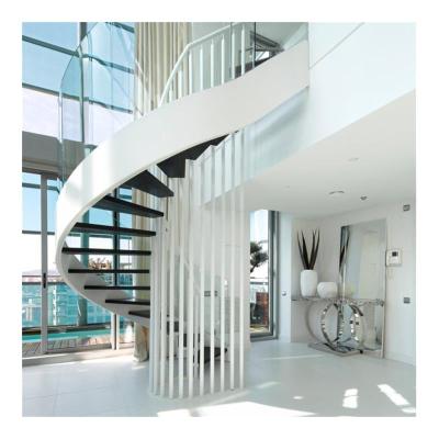 China Modern design contemporary interior wooden curved staircase with tempered glass balustrade for sale