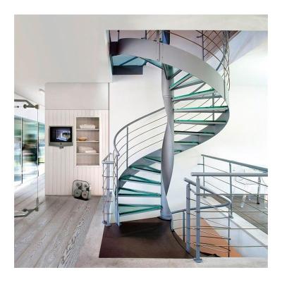 China Contemporary luxury modern interior curved stairs with 12mm laminated glass balustrades for sale