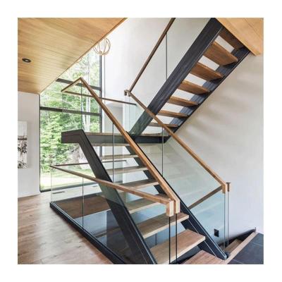 China Contemporary Wooden Tread Invisible Stringer Straight Staircase Railing Glass Stairs for sale