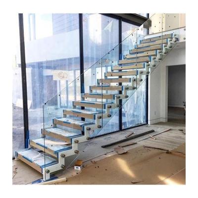 China Contemporary Modern Staircases Indoor Double Beam Stringer Solid Wood Straight Staircase Designs for sale