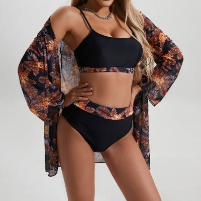 China OEM New Design Windproof Sexy 3 Piece Bikini Set Beach Wear With Mesh Bandeau Swimwear Long Sleeve Cover Up Print Tops Women Swimwear for sale