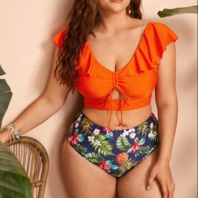 China Manufacturer Windproof Custom New In Current Plus Size V Neck Swimsuit Women Sexy Two Piece High Waist Bikini Beachwear Ruffle Swimwear for sale