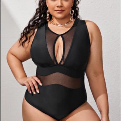 China New Custom Sexy Black Mesh Plus Size One Piece Bikini Cutout Windproof High Split Swimwear Backless High Neck Sleeveless Swimsuit Women for sale