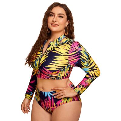 China New Design Sexy Print Windproof Plus Size Two Piece Surf Bikini Beachwear Sheath Long High Waist Front Zipper Swimming Suit Women Swimwear for sale