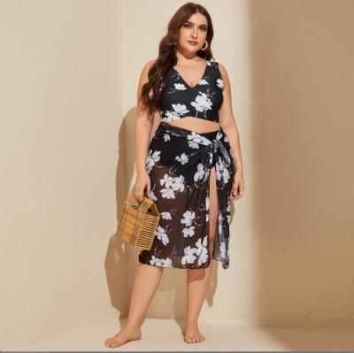 China Custom Sexy Floral Print Windproof Plus Size 3 Piece Bikini Beachwear With Sarongs Cover Up Front Cross Swimsuit Women High Waist Swimwear for sale