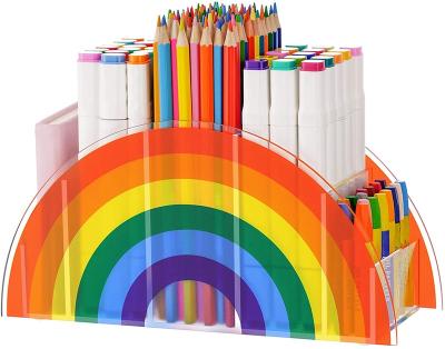 China Store Rainbow The New 2022 Pen Holder Clear Desk Organizer Acrylic Pen Organizer For Office Cute 5 Compartments Pencil Holder for sale