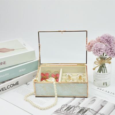 China Glass Jewelry Case with Lid Vanity Vintage Metal Brass Dustproof Jewelry Display Organizer for Earring Ring Necklace for Bedroom for sale