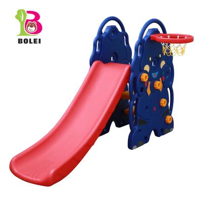 China PE factory wholesale cute animal kids plastic slide with basketball hoop for indoor/outdoor/kindergarten for sale