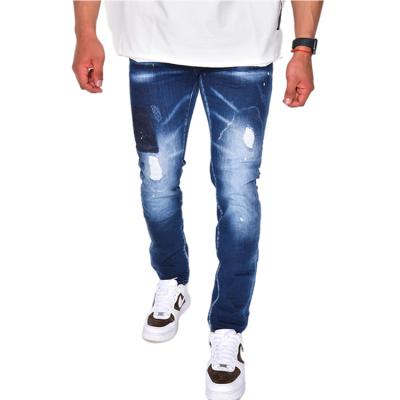 China Factory Custom Breathable Dark Blue Loose Skinny Fit Pants Ripped Patchwork Detail Mens Jeans for sale