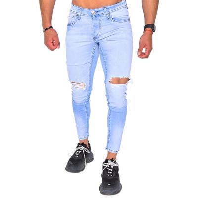 China New Style Hole Knee Hole Light Blue Handsome Well Fit Wash Style Large Size Men'S Breathable Jeans for sale