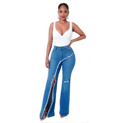 China Other Factory Wholesale Ladies Fashion Skinny Stretch Ripped Split Leg Blue Boot Cut Out Women Jeans for sale