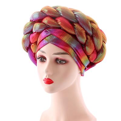 China Character Muslim Double Braid Braid For Women Headscarf Space Cotton Turban Female Hat With Sequins for sale