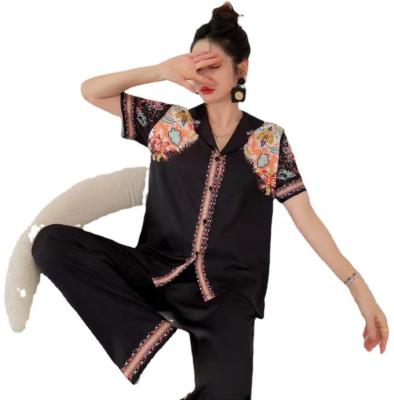 China Adult Surplice QUICK DRY Wrap Random Floral Embroidery Belted Wide Leg Sleepwear for sale