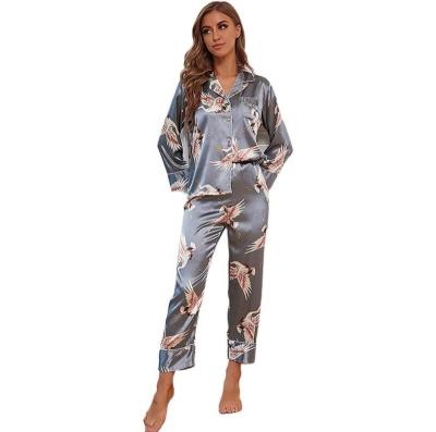 China Hot Selling QUICK DRY Polyester Pajamas Two Piece Long Sleeve Long Pants Ice Silk Women Pajamas for sale