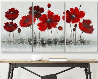 China Modern Handmade Modern Triptychs Artificial Red Flower Canvas Painting For Home Decor for sale