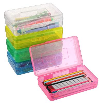 China Schools & Large Capacity Offices Custom Logo Colored Clear Plastic Kids School Stationery Pen Pencil Case Box for sale