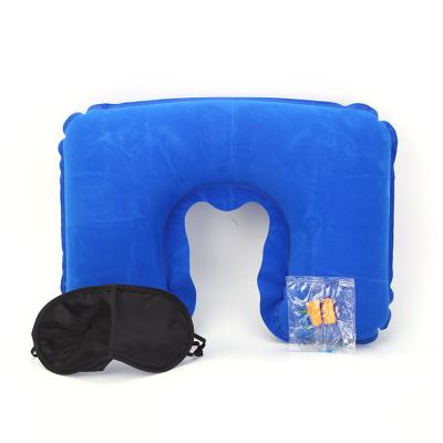 China PORTABLE custom logo flocking pvc u shape inflatable travel neck pillow and mask set for sale