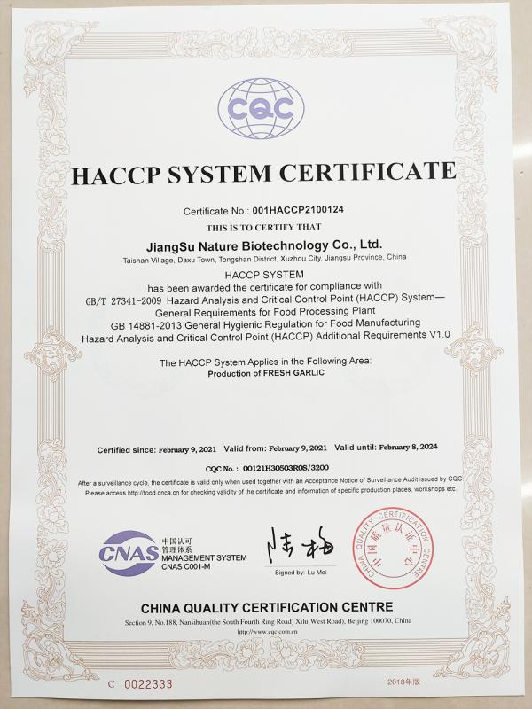 HACCP - Jiangsu Nature Biotechnology Co., Ltd.