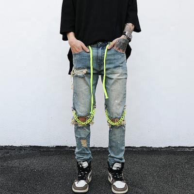 China Fashion Breathable Custom Men's Ripped Jeans Distressed Washed Ripped Hole Skinny Cool Mens Hip Hop Streetwear Denim Pant Chain Jeans Pants for sale