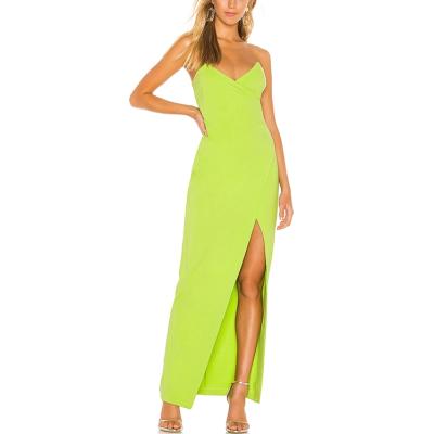 China Custom Made Breathable Summer Color Casual Neon Ladies Dresses Sexy V-Neck Side Split Long Dress for sale