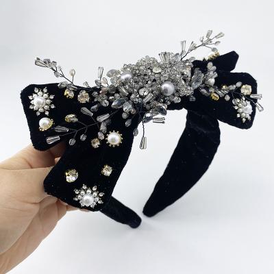 China Fashionable Women's Big Bow Headdress Girls Beads Headband Princess Crown Decoration Flower Headband for sale