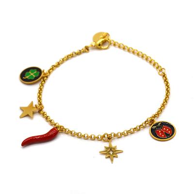 China Environmental Friendly Women's New Creative Small Red Pepper Star Round Shape Charm Stainless Steel Gold Plated Chain Bracelet for sale