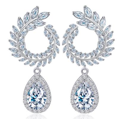 China New Factory Environmental Friendly Full CZ Leaf Brass White Plated Wheat Stones Water Drop Earrings for sale