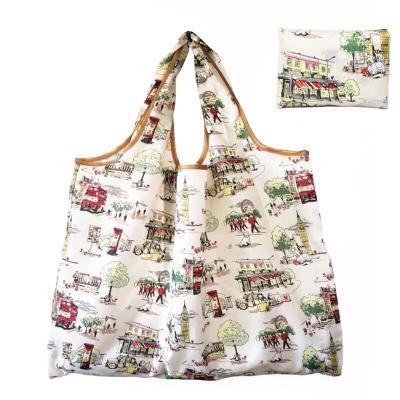 China Large Grocery Polyester Eco Floral Print Logo Shopping Bag Custom Reusable Foldable Pocket Eco-Friendly Big Bags for sale