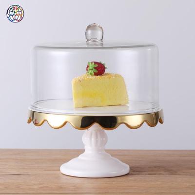 China Paty White and Gold Color Round Cake Dish Disposable Ceramic Cake Stand with Glass Cover for sale