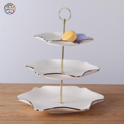 China Sustainable Cream And Champagne Gold 3 Compartment Ceramic Restaurant Dishes Fruit Plate Dry Dinner Dishes for sale