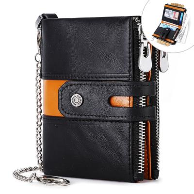 China FANLOSN RFID Stretching Double Sides Zippers Mens Genuine Leather Mini Purse Coin Pouch Rfid Wallet for sale