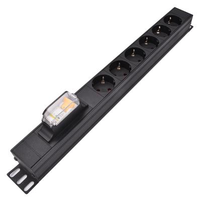 China Aluminum Alloy EU 1U 6outlet Industrial Rack Mount PDU Outlet With Single 16A Circuit Breaker for sale