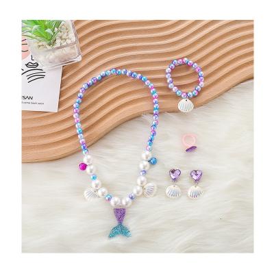 China Comfortable Breathble RTS Girls Mermaid Princess Necklace Set Conch Earring Clip Beaded Bracelets for sale