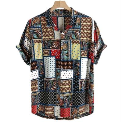 China Summer Beach Styles Mens Vintage Ethnic Style Printing Loose Short Sleeve Stand Collar Hawaiian Casual Shirts for sale