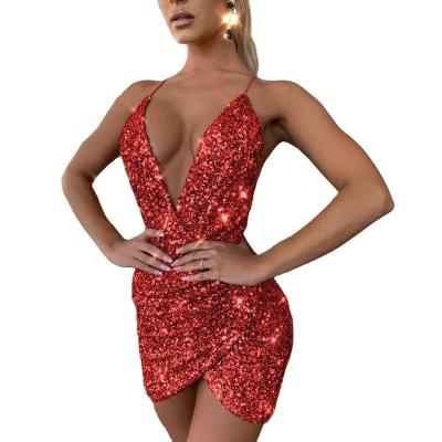 China 2021 new arrivals Anti-wrinkle fashionable sequined fabric v neck sexy deep neck party cocktail ladies slip dresses women braces skirt for sale