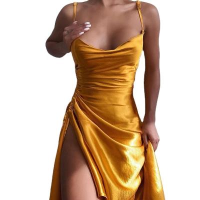 China Anti-wrinkle Ladies Summer Fashion Evening Party Cocktail Satin Slit Silk Midi Slip Dresses Women 2021 Elegant for sale