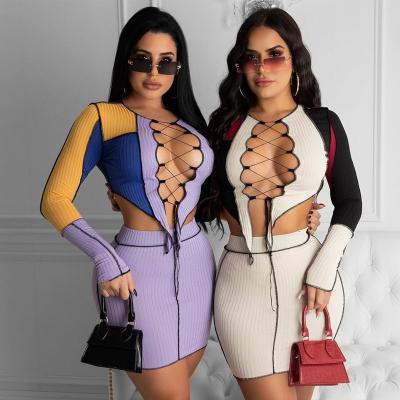 China 2021 New Fashionable QUICK DRY Ladies Women's Spandex Sexy Patched 2 Two Piece Summer Mini Skirt And Top Set Clothing Dresses for sale