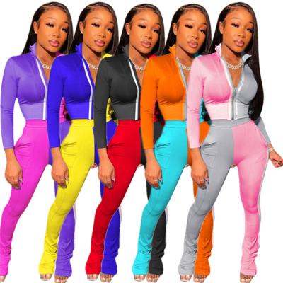 China 2021 Fashion Patchwork QUICK DRY Trendy Color Blocking Sport Street Wear 2 Piece Tracksuit Long Sleeve Crop Top Sets For Women Ladies for sale