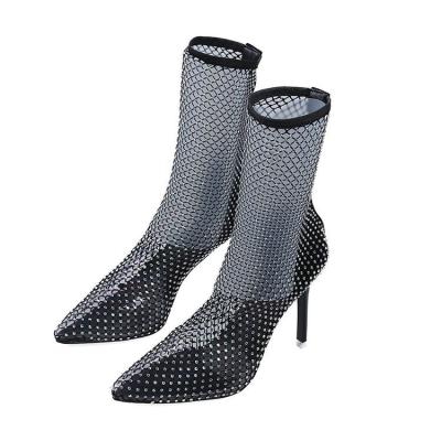 China 2021 Trend New Arrivals Fashion Rhinestone Fishnet Nightclub Ladies Sexy Hollow High Heels Sandals Fashion Strap Thin Women's High Heels Sandals for sale