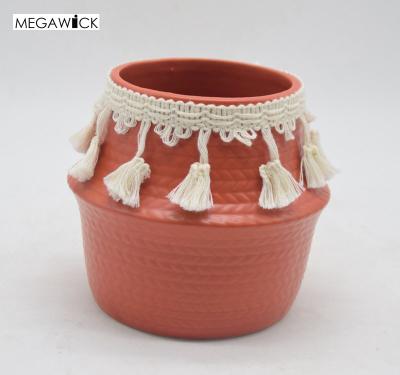 China Creative Creative Brick Red Candle Holder With Decoration Macrame, Home Fragrance Aroma Soy Candle for sale