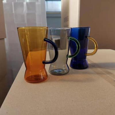 China Cute Creative Color Glass Beverage Mug, Amber Blue Gray Tall Beverage Water Cups With Handle Private Label for sale