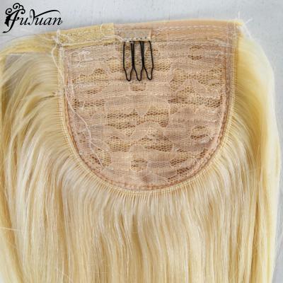 China Silky Straight Wave Remy Vrigin Braided Drawstring Raw 100% Human Natural Wrap Around Blonde Straight Ponytails Cut In Hair Extension Double Drawn for sale