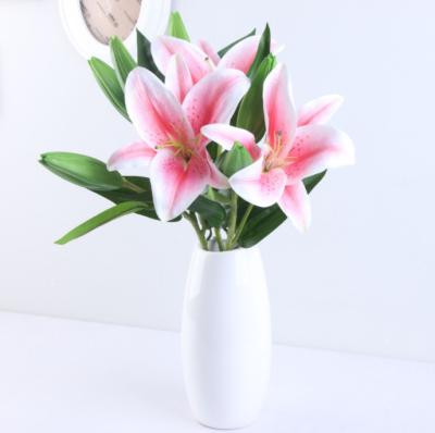 China 3heads PU Fake Party Decoration Artificial Flowers Lilies Home Decor Real Touch Floral Bouquet Party Centerpieces Plastic Silk Table Centerpieces for sale