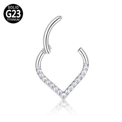 China FASHIONABLE ASTM F136 G23 Titanium Piercing Jewelry Heart Shape With CZ Pave Face Segment Nose Ring Hoop Earring for sale