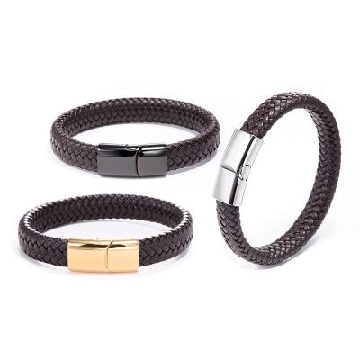 China Hiphop 316L Stainless Steel Adjustable Braided Genuine Leather Bracelet For Men for sale