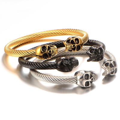 China Hiphop Stock Vintage Stainless Steel Ready Skull Twisted Cable Bangle Bracelet for sale