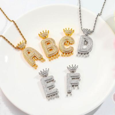 China Hiphop Iced Out A-Z Crown Drip Letter Hip Hop CZ Jewelry Shiny Copper Zircon Stainless Steel Rope Chain Initial Pendant Necklace for sale